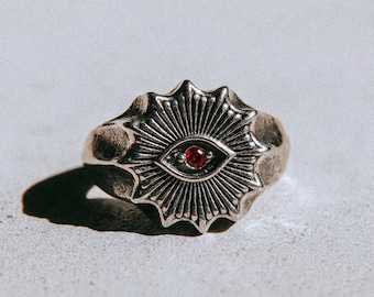 Gothic Demon Eye Ring | Gothic Rings for Men | Evil Eye Ring | Punk Stainless Steel Ring | Promise Ring | Red Stone Ring | Gothic Jewelry