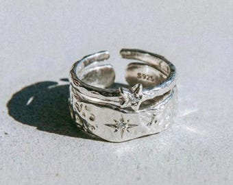 Y2K Star Ring Set | Irregular Silver Rings Adjustable Stacking Rings | Geometric Statement Jewelry | Celestial Star Ring | Gift for Her