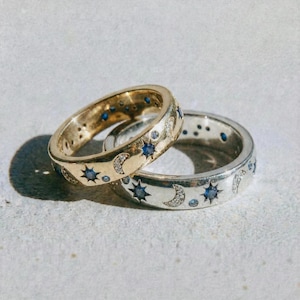 Celestial Moon Star Ring | Blue Stone Sterling Silver Ring | Dainty Galaxy Jewelry | Minimalist Moon Ring | Gift for Her