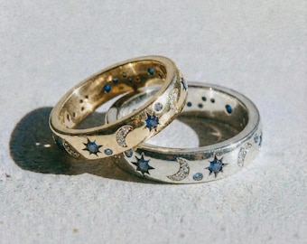 Celestial Moon Star Ring | Blue Stone Sterling Silver Ring | Dainty Galaxy Jewelry | Minimalist Moon Ring | Gift for Her