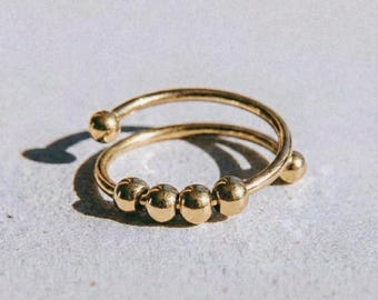 Beaded Anxiety Ring | Adjustable Stainless Steel Ring | Rotating Spinner Ring | Stress Relief Jewelry | Minimalist Silver and Gold Ring