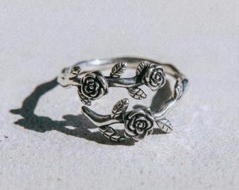 Sterling Silver Rose Branch Adjustable Ring | Boho Floral Ring for Women | Handmade S925 Jewelry | Minimalist Ring Design