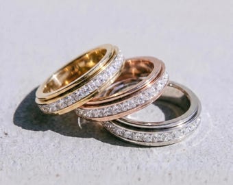 Silver Anxiety Ring | Fidget Spinner Band | Minimalist Jewelry | Titanium Steel for Anxiety Relief | Gemstone Ring