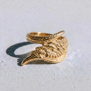 May include: A gold ring with a feather design. The ring has detailed texturing, resembling feathers. The word "dusk." is printed in black at the bottom of the image. The ring is a piece of jewellery.