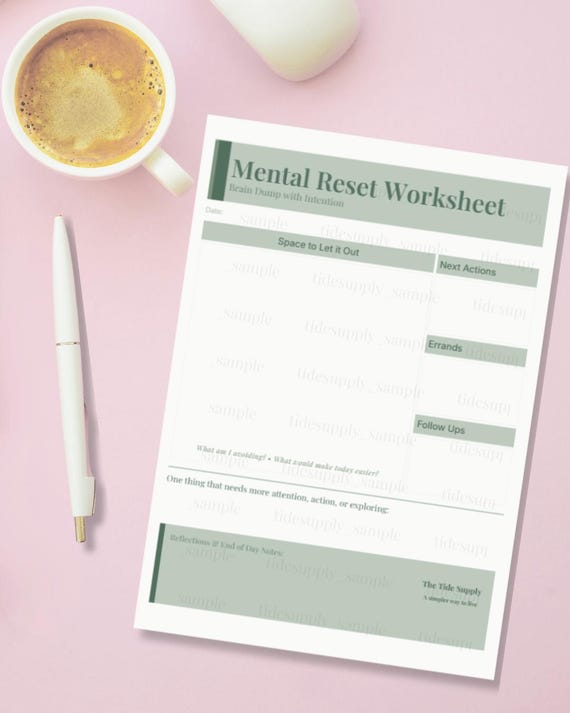 Mental Reset Brain Dump Worksheet | Overwhelm & Mental Load Planner | Clear Your Mind Printable | Simple Productivity Worksheet PDF