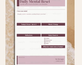 Daily Mental Reset Planner | Brain Dump, Focus, Mood Check-in (PDF Download)
