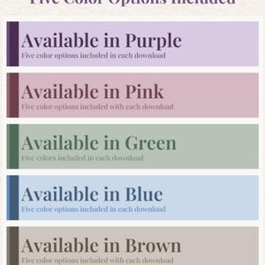May include: Image with text stating "Five Color Options Included." Five color options are listed: purple, pink, green, blue, and brown. Each color option is displayed in a rectangular box with the text "Available in [color]" and a description.