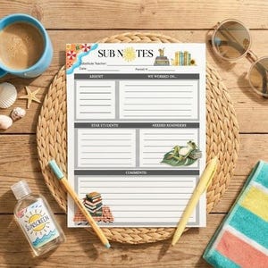 Peut inclure: Une composition de bureau sur le thème de la plage avec un bloc-notes "SUB NOTES" pour un professeur remplaçant. Comprend une tasse bleue avec du café, des coquillages, de la crème solaire, des lunettes de soleil, une serviette et des crayons.