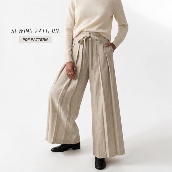 Pleated Wide Leg Pants Sewing Pattern | Relaxed Fit Trousers (PDF Download)