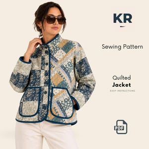 May include: A quilted jacket sewing pattern featuring a patchwork design with blue, cream, and tan floral and geometric prints. The jacket has a high collar, long sleeves, and two front patch pockets with dark blue trim. Text reads KR Sewing Pattern Quilted Jacket EASY INSTRUCTIONS PDF.
