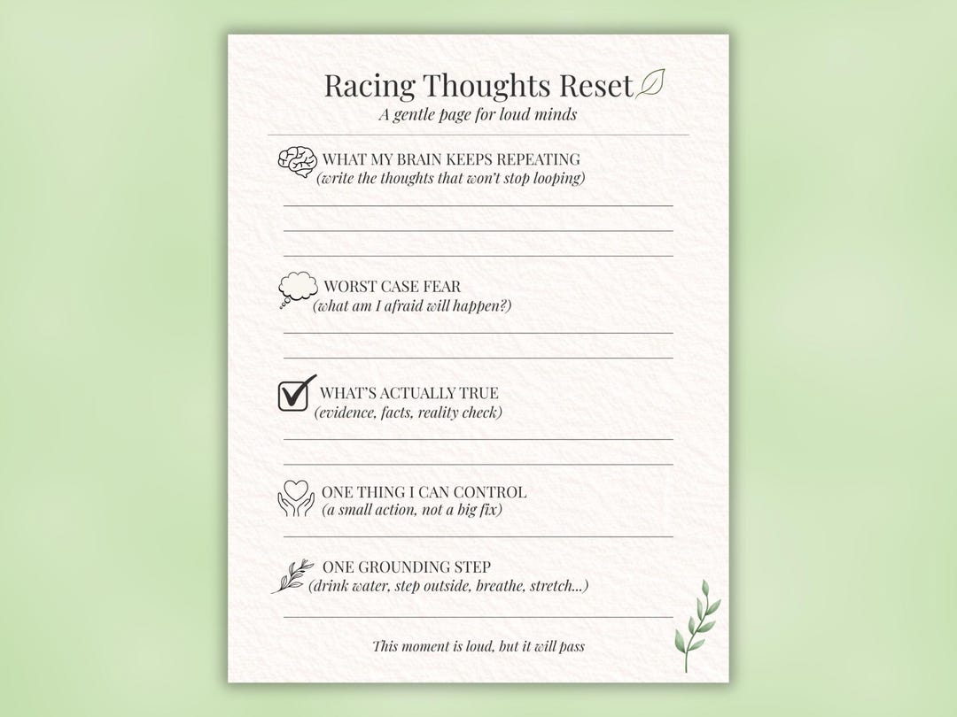 Racing Thoughts Reset Printable, Anxiety Worksheet, Calm Mental Spiral ...