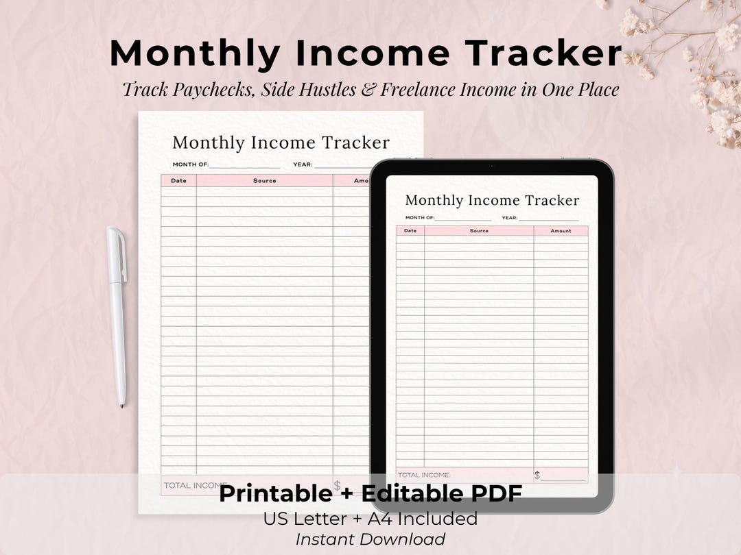 Monthly Income Tracker Printable, Editable Income Log PDF, Budget Planner Insert, Side Hustle ...