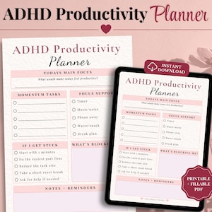 Planificador de productividad para TDAH / Planificador de concentración para TDAH / Apoyo para el inicio de tareas / Ayuda para superar la parálisis por inactividad / PDF rellenable