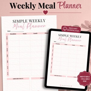 Weekly Meal Planner Printable, ADHD Meal Planner, Grocery List Organizer, Simple Meal Prep Planner, Digital Download PDF