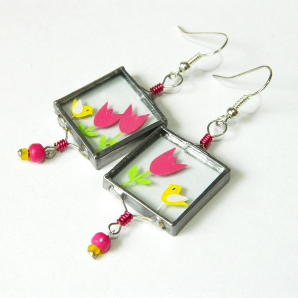 Birds and Tulips - Unique Glass Earrings