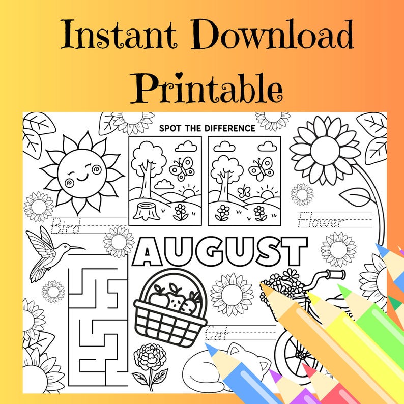 August Coloring Page for Kids, Summer, Placemat Printable Activity ...