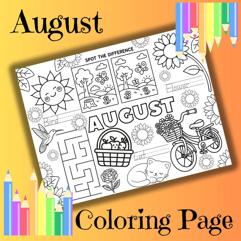 August Coloring Page for Kids, Summer, Placemat Printable Activity ...