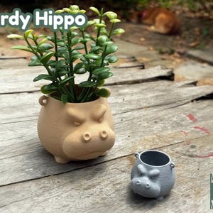 May include: Two small hippopotamus-shaped planters, one brown and one gray. The brown planter has a green plant growing out of it. The text "Mardy Hippo" is visible in the top left corner of the image.