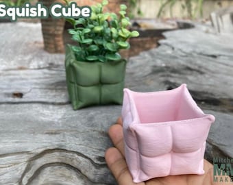 May include: Two small, square-shaped planters, one green and one pink. Both planters have a unique, quilted design, resembling a cushion. The green planter has a small plant growing inside. The text "Squish Cube" is visible in the top left corner of the image.