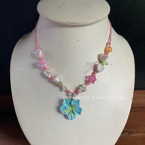 Beaded Blue Flower Necklace – Handmade Flower Bead Choker – Kawaii Y2K Fairycore Jewellery – Women Necklace, Pink Waxed Cord Necklace