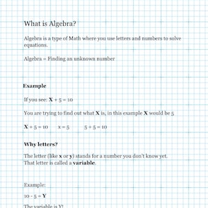 Peut inclure: Un guide d'étude pour l'algèbre de base, conçu pour les classes de 5e et 6e. Le guide explique les concepts de l'algèbre, y compris les variables et les équations, avec des exemples. Le texte est sur un fond quadrillé.