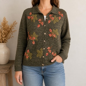 Cardigan floreale vintage DressBarn • Maglione in ramia e cotone con ricami botanici • Maglia a foglie marroni