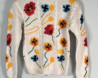 Maglione vintage anni '80 a maglia floreale con design Hillside • Girocollo color crema in cotone ramia • Stile cottage testurizzato