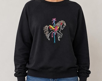 Vintage 90s Horse Sweatshirt • Embroidered Carousel Horse Black Raglan Pullover • Equestrian Kitsch