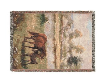 Horse Spring Landscape Woven Blanket | Scenic Nature Throw