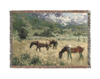 Grazing Horses Woven Blanket | Mountain Pasture Scene