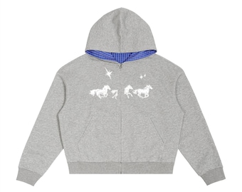 Contrast Plaid Boxy Zip Hoodie