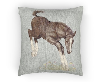 Galloping Horse Woven Pillow | Rustic Equestrian Needlepoint Style