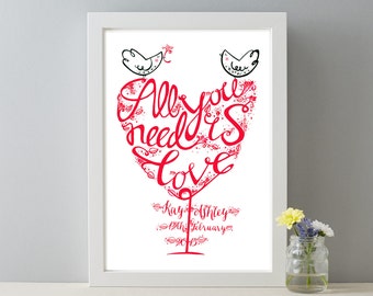 May include: A white framed print featuring a red heart design with the text "All you need is love". Two small white birds are perched on top of the heart. The date "12th February 2015" and the name "Kay Ashley" are written below the heart.