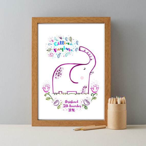 Personalized Elephant Christening Print, Baby Name Gift, A4 Art