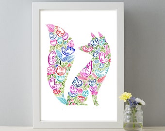 Floral Fox Art Print, Decorative Silhouette