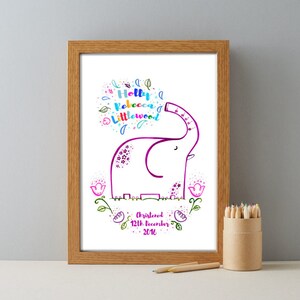 May include: A white framed print with a colorful illustration of a pink elephant with flowers. The text reads "Holly Rebecca Littlewood" and "Christened 12th December 2016".