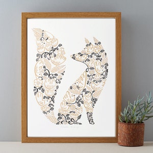 Fox Gift Print, Fox Zeefdruk, Fox Poster, Cadeau voor Fox Lover, Woodland Fox Print, Goud en Zwarte Fox Zeefdruk