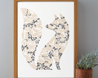 Serigrafía de zorro dorado y negro, arte de animales del bosque.
