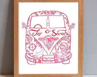 Personalized VW Camper Wedding Illustration, Anniversary Gift