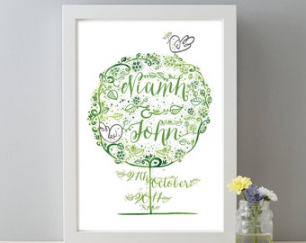 May include: A white framed print with a green and white illustration of a tree with the names Niamh and John, the date 24th October 2017, and two birds.
