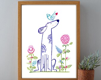 Puppy and Bird Garden Print, Children's Nursery Decor