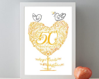 50th Golden Wedding Anniversary Gift, Personalised Golden Wedding Anniversary Gift Print