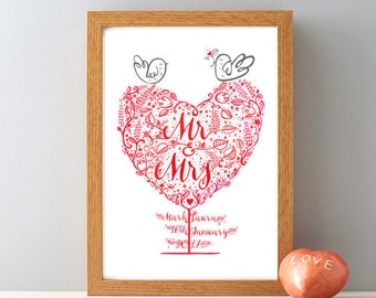 May include: A framed print featuring a red heart-shaped tree design. The tree is filled with flowers and leaves. Two birds are perched on the branches. The text "Mr & Mrs" is written in red script on the tree. The names "Mark & Laura" and the date "10th January 2017" are written below the tree.