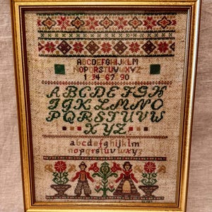 Vintage Cross Stitch Sampler Framed 1987 Alphabet Needlework Folk Textile Wall Art