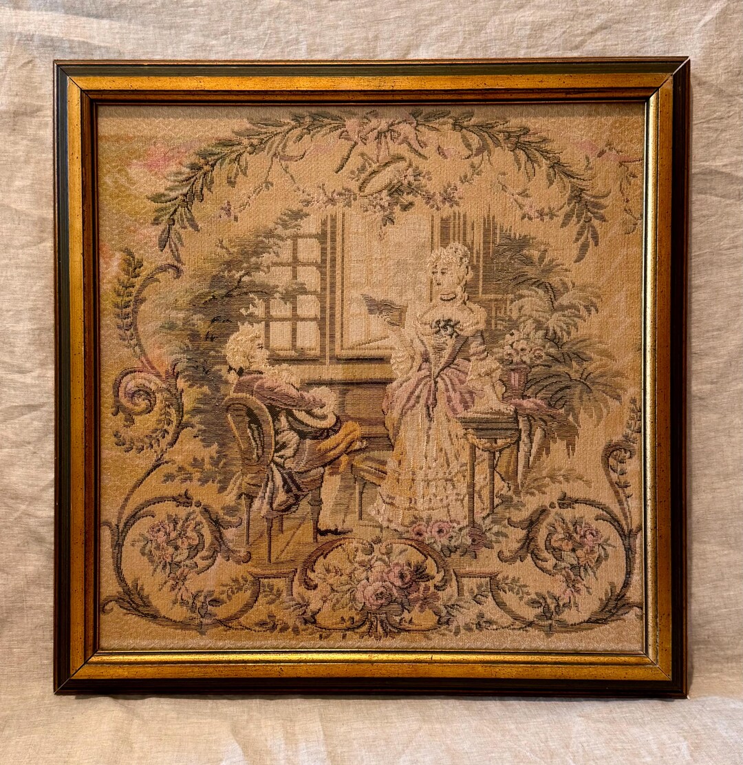 Vintage Needlepoint Wall Art | Romantic French Scene, Gold Frame ...