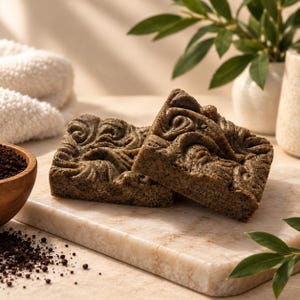 May include: Two square bars of textured, speckled brown soap featuring an embossed swirling pattern on the top surface. The soap bars are positioned on a light-colored stone slab next to a small wooden bowl filled with dark brown coffee grounds.