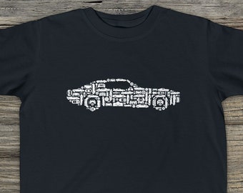 Collage de coches antiguos, superdeportivos, clásicos y deportivos y sus piezas. Camiseta para niño. Conjunto perfecto para padre e hijo.