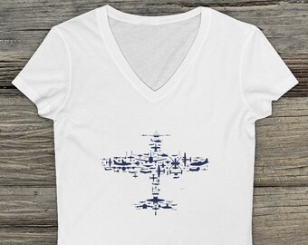 Flight V1.0 Collage Camisa de Mujer. Collage de aviones de combate de aviones, helicópteros y piezas - Camiseta de manga corta con cuello en V