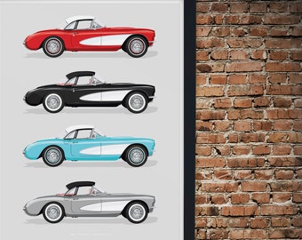 Ilustración de la colección Chevy Corvette vintage (circa 1957), arte perfecto para coleccionistas y mecánicos. Impresión en papel, varios tamaños.
