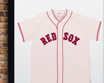 Impresión premium ilustrada de la camiseta vintage de los Boston Red Sox. Arte mural de recuerdos deportivos, regalo para el hogar, la oficina o la cueva del hombre.